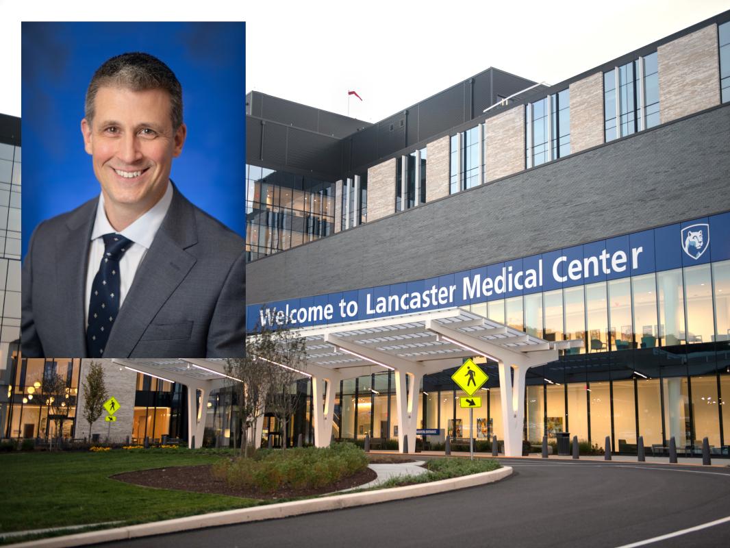 A headshot photograph of Joseph MacDonald wearing a suit and tie is superimposed over an image of Penn State Health Lancaster Medical Center.