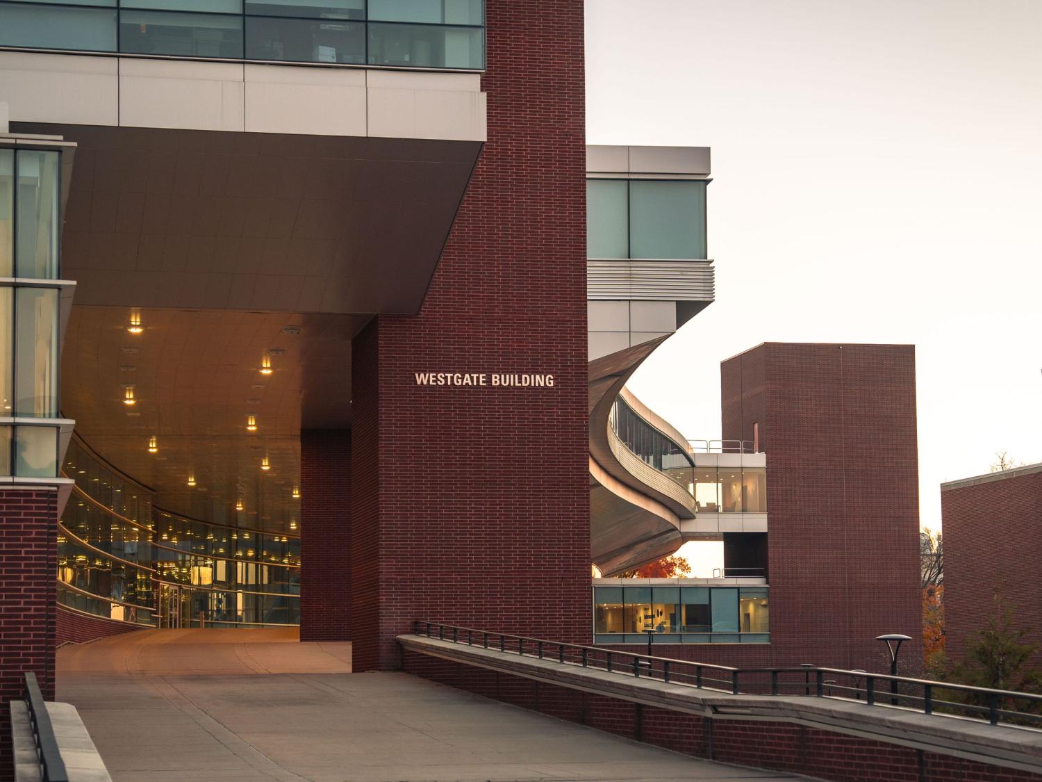 campus building of red brick and glass