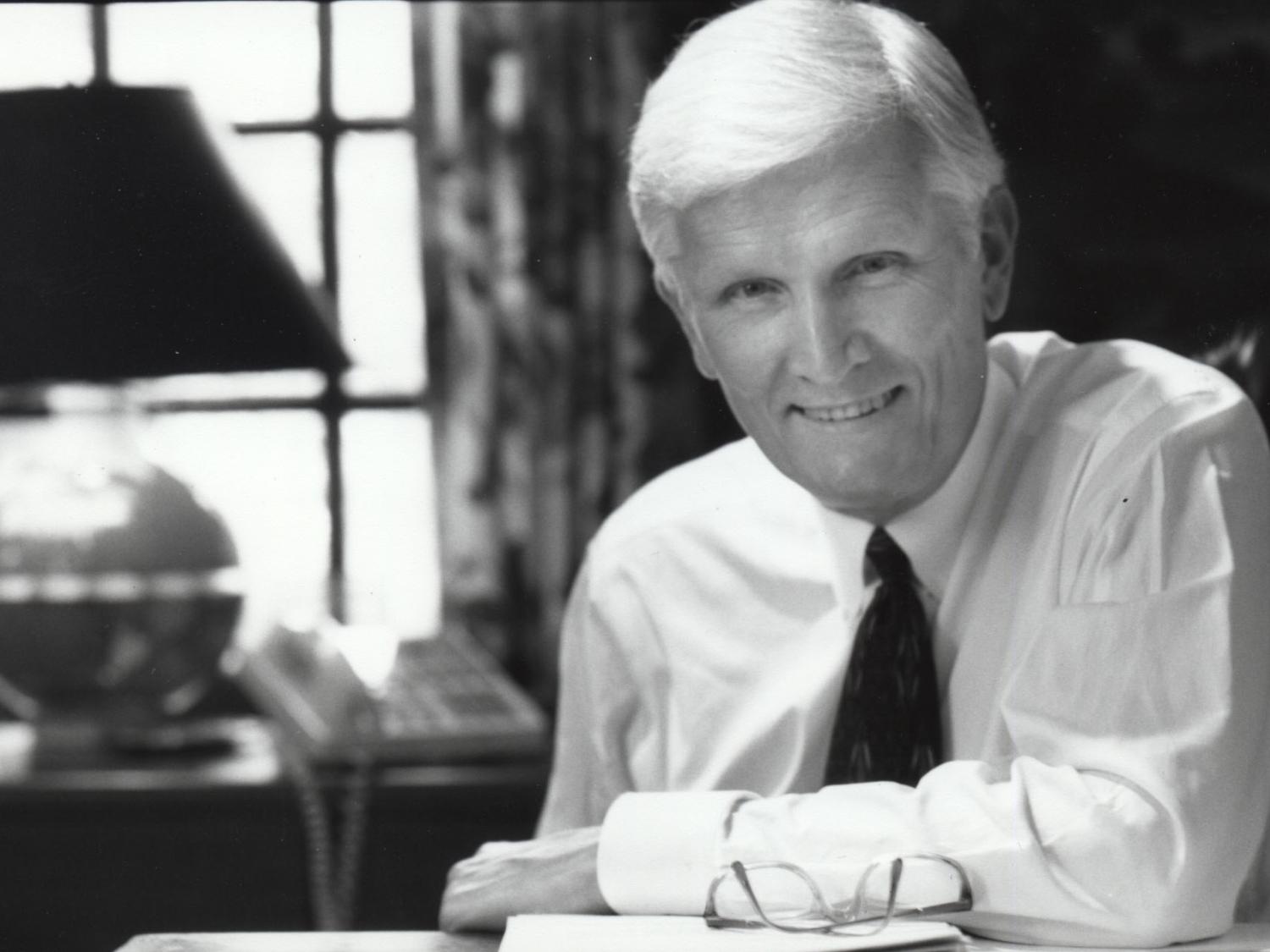 A black-and-white portrait of former Penn State Behrend Dean John M. Lilley