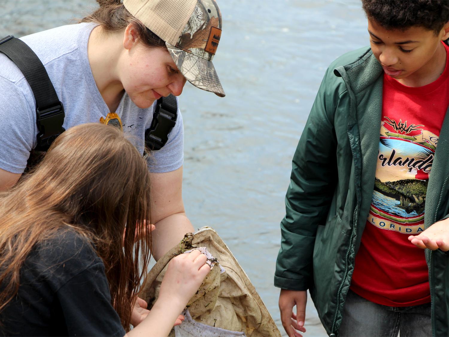 Penn State DuBois Wildlife Technology graduate Andrea Lecuyer, top left, who graduated from the program in spring 2025, works with students at Juniata Elementary in DuBois to view and study organisms found during the wetlands education program held at the school in May.
