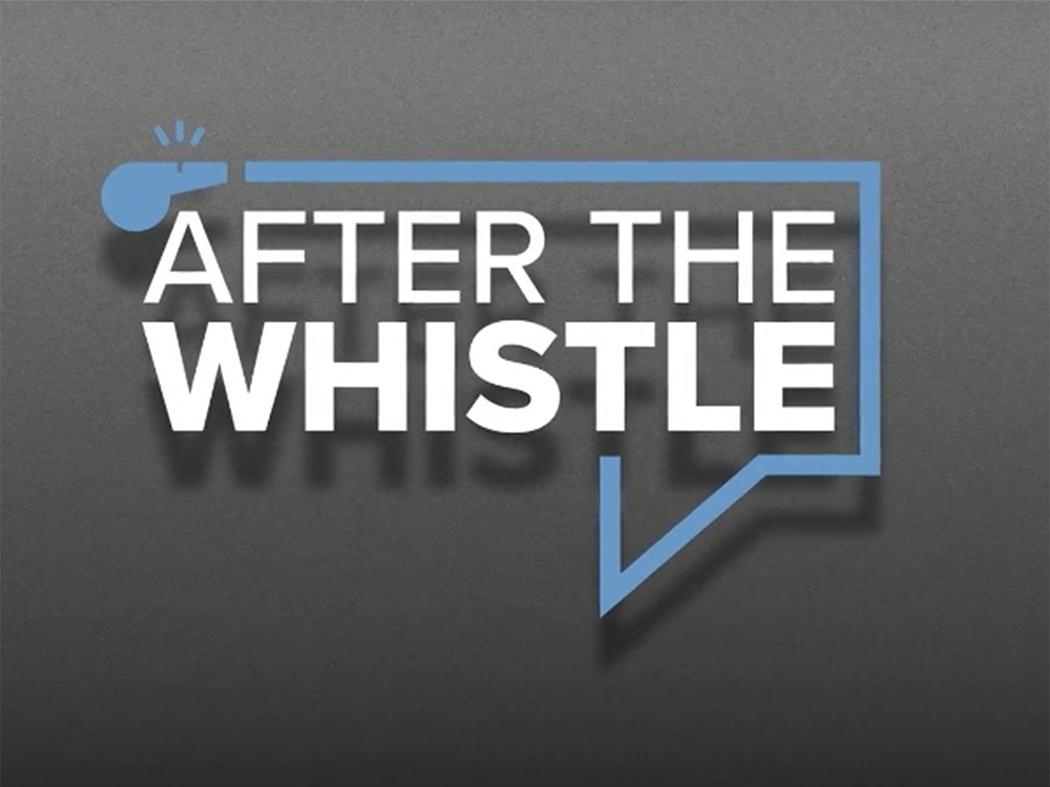 Gray, logo with white text for the After the Whistle logo