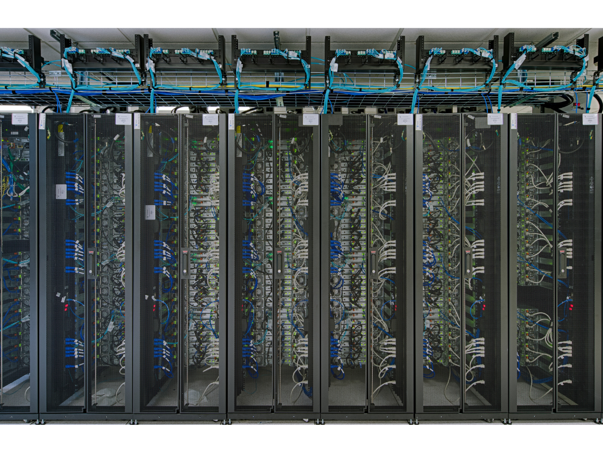 Computers are stacked in towers at the Penn State University Park Data Center. These computers make up the Penn State Roar supercomputer.
