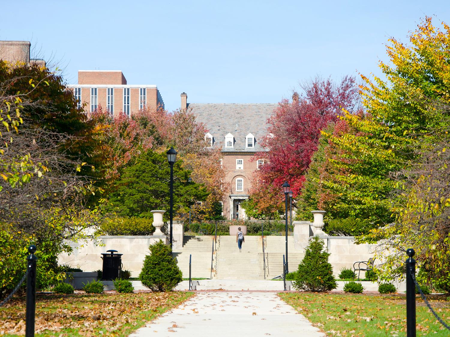 The walkway to West Halls Quad at Penn State University Park in the fall.