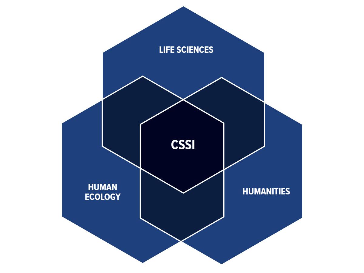 graphic showing three overlapping hexagons, labeled with "life sciences," "human ecology," and "humanities." In the area where all three overlap are the letters "CSSI," standing for the Communication, Science, and Society Initiative