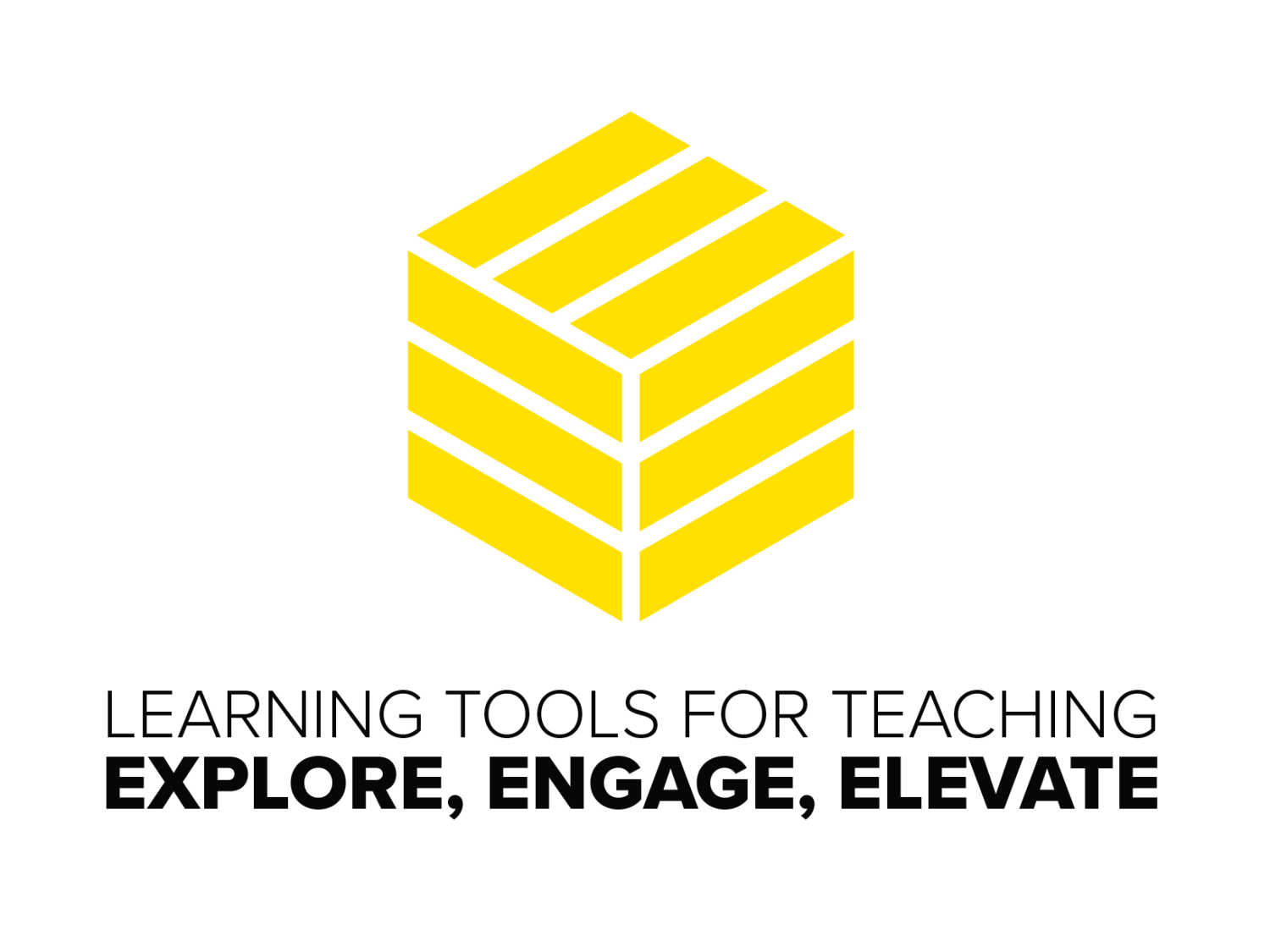 A logo that has a bold yellow geometric cube made of stacked parallelograms appears above the text. Below the image includes the phrase “LEARNING TOOLS FOR TEACHING” in uppercase, thin black letters. Below it, the words EXPLORE, ENGAGE, ELEVATE are written in bold uppercase black letters.
