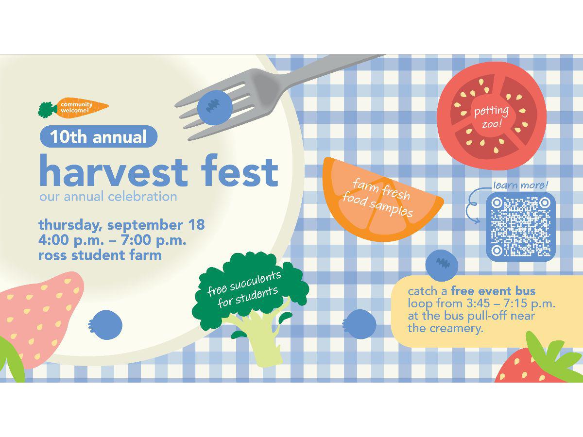 clip art showing veggies and fruits with description of the Fall Fest at the Farm