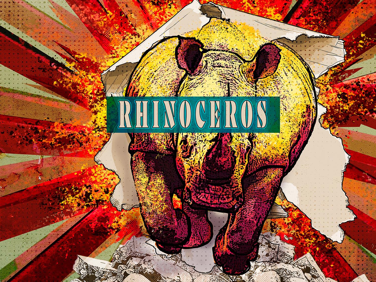 A large rhinoceros bursts out of a background of bright orange and yellow