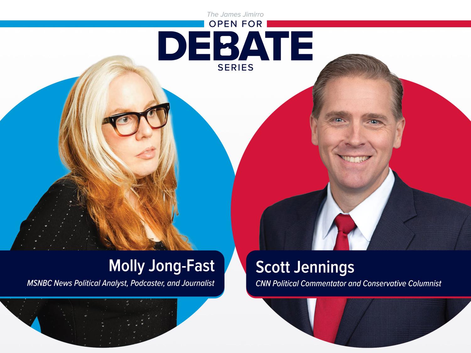 Open For Debate event banner shows headshots of two people side-by-side