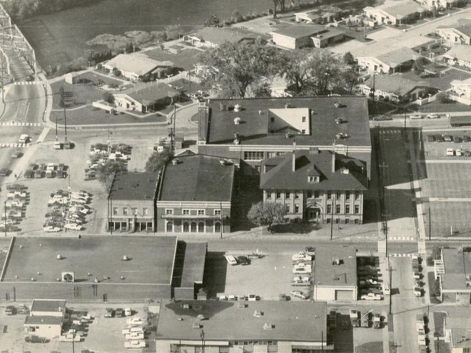 Historical black and white aerial photo of the buildings that now make up the Penn State Shenango campus.