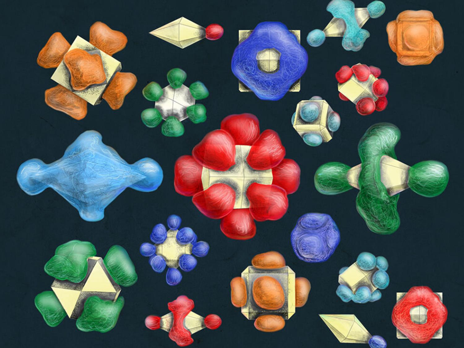 An illustration of a variety of colorful shapes representing patchy nanoparticles. 