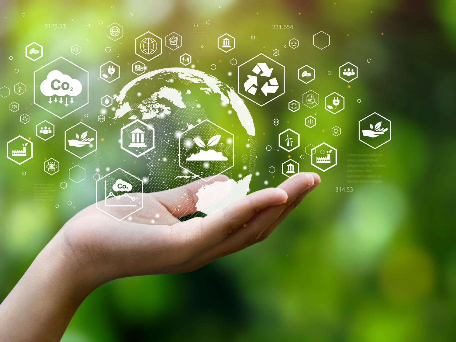 ESG icon concept. Environment, society and governance. Energy of natural gas sustainable and ethical business on network connection on green background.