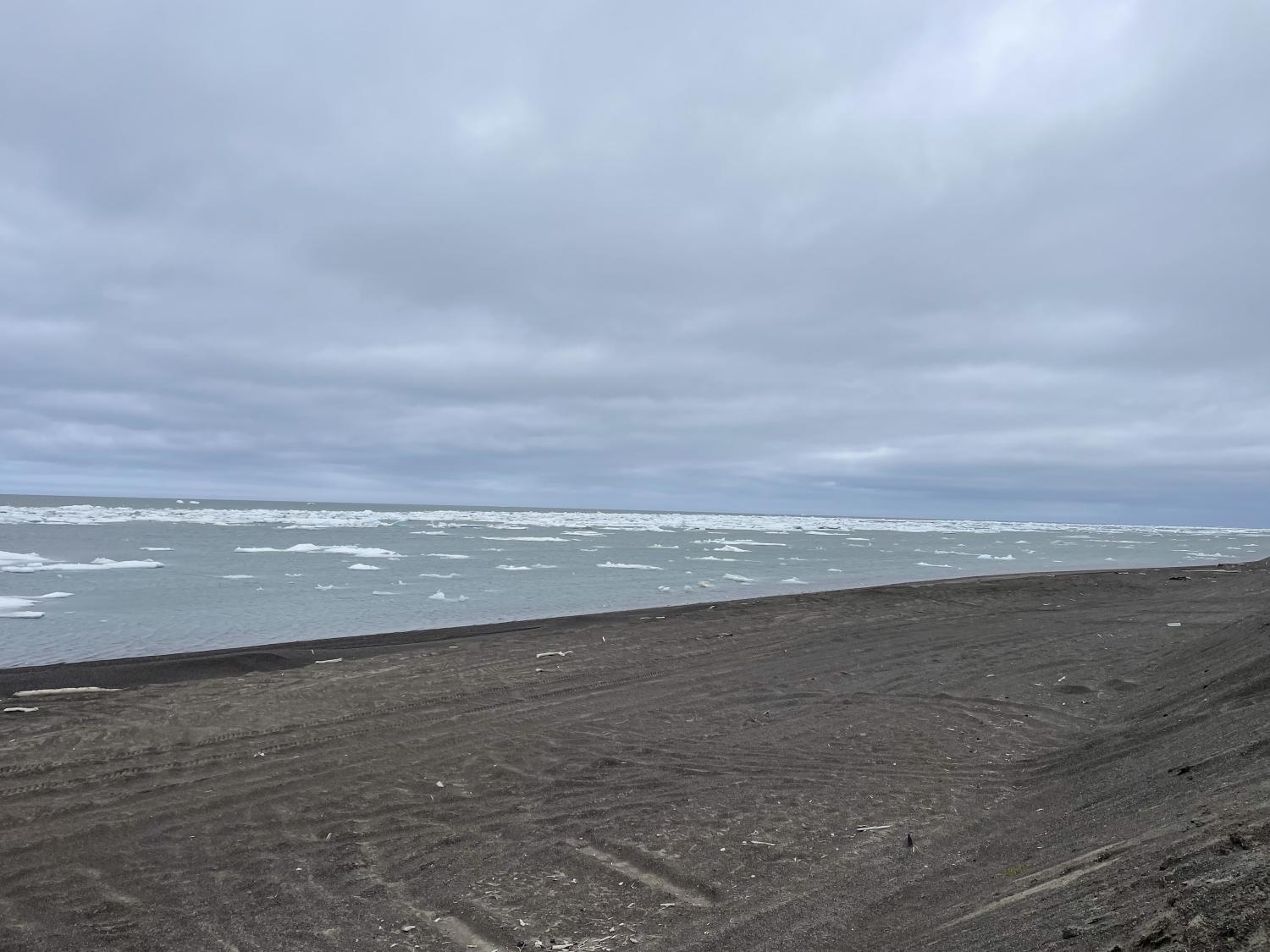 The Arctic Ocean along the coast of Utqiaġvik, Alaska, on Aug. 2, 2024. Chunks of sea ice are visible.