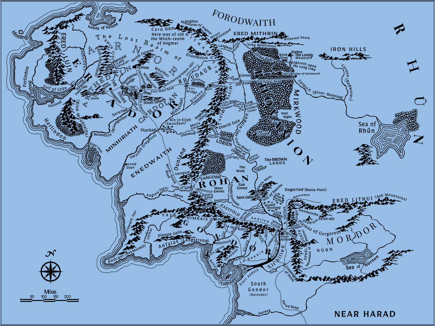 A detailed map of Middle-earth showing regions like the Shire, Rohan, Gondor, and Mordor with mountains, rivers, and cities.