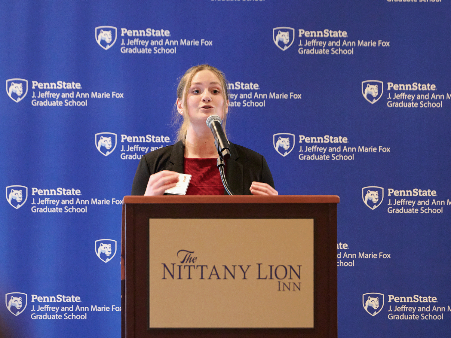 Tricia Hart, the winner of Penn State's 2024-25 Three Minute Thesis competition, presenting during the final round of the competition