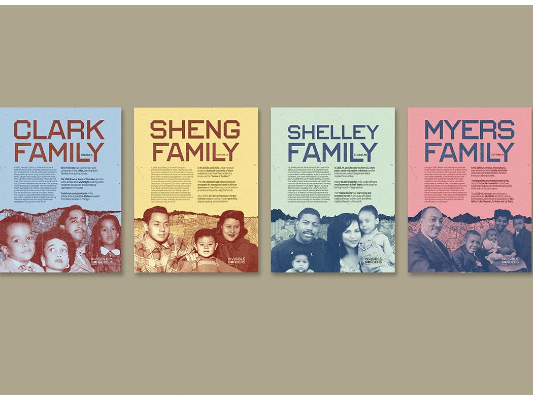 Four posters mounted on a wall, each featuring a different family portrait and labeled with their family names: Clark Family, Sheng Family, Shelley Family, and Myers Family. The posters are colored blue, yellow, green, and red respectively.