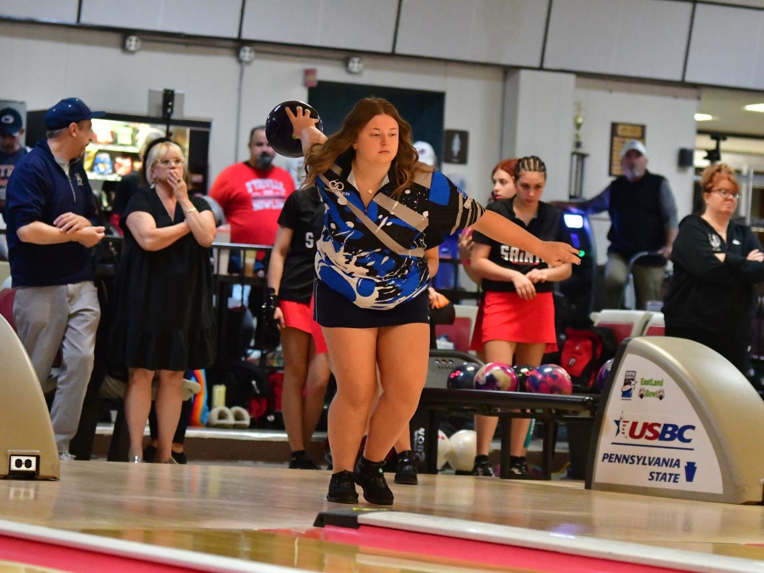 Penn State Behrend bowler Lillie Holt prepares to roll the ball.
