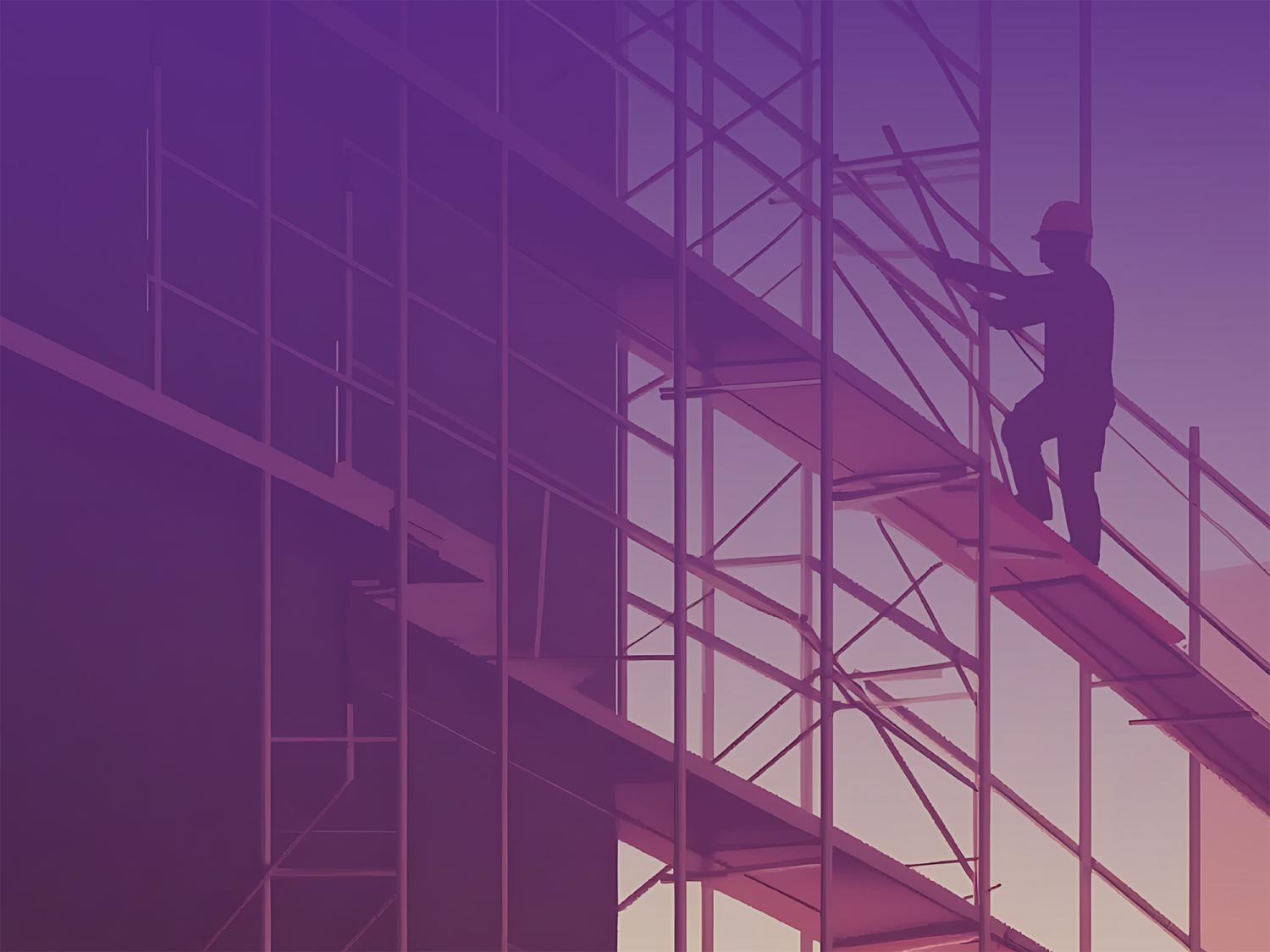 Silhouette of a construction worker climbing scaffolding against a purple and orange sky, symbolizing progress and labor.