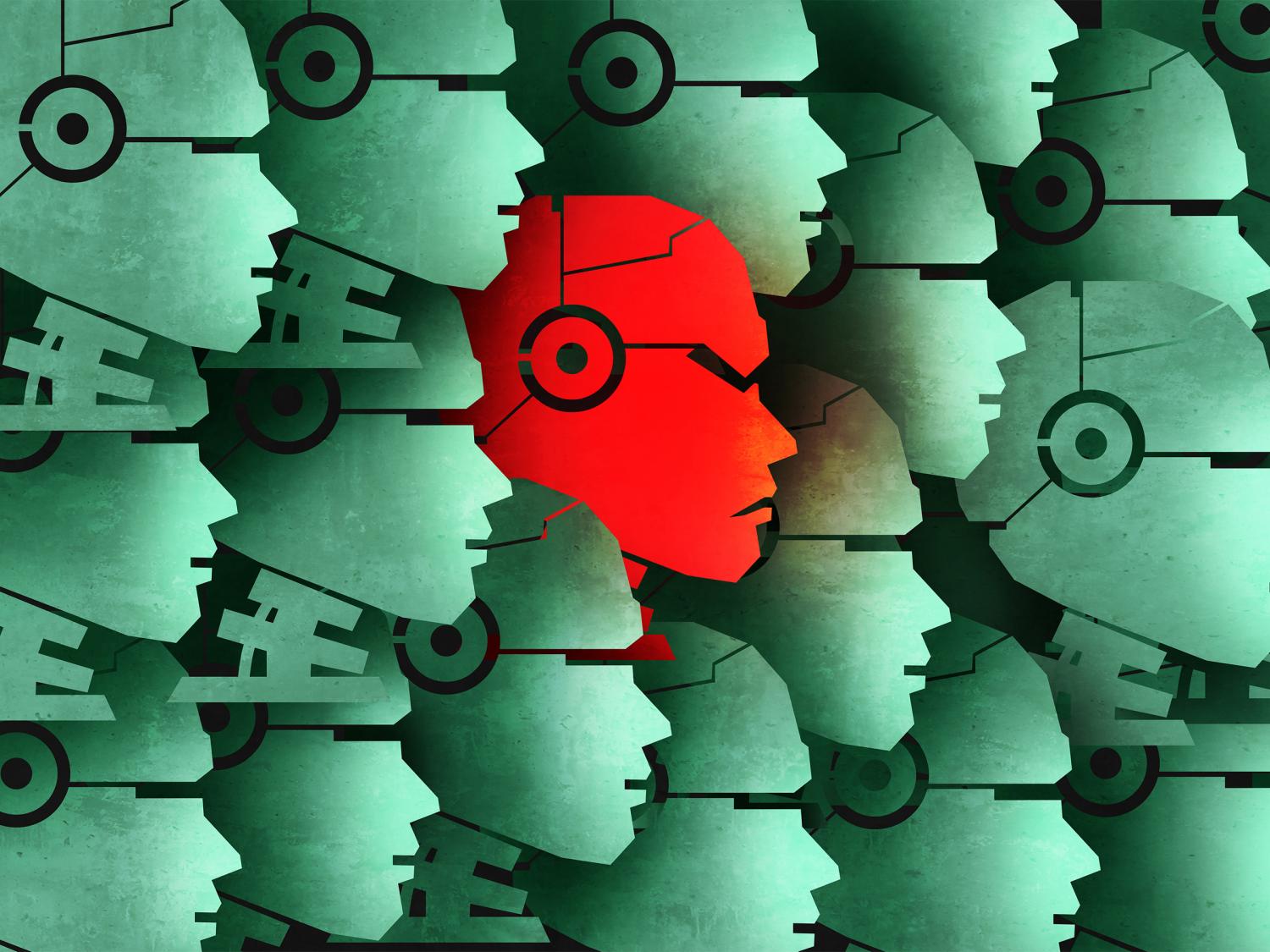 Stock image of many robots colored green, looking helpful, while one robot, highlighted red, looks evil.