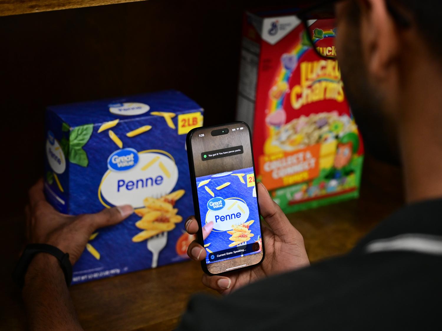 Ajay Narayanan Sridhar identifies a box of pasta using the NaviSense application