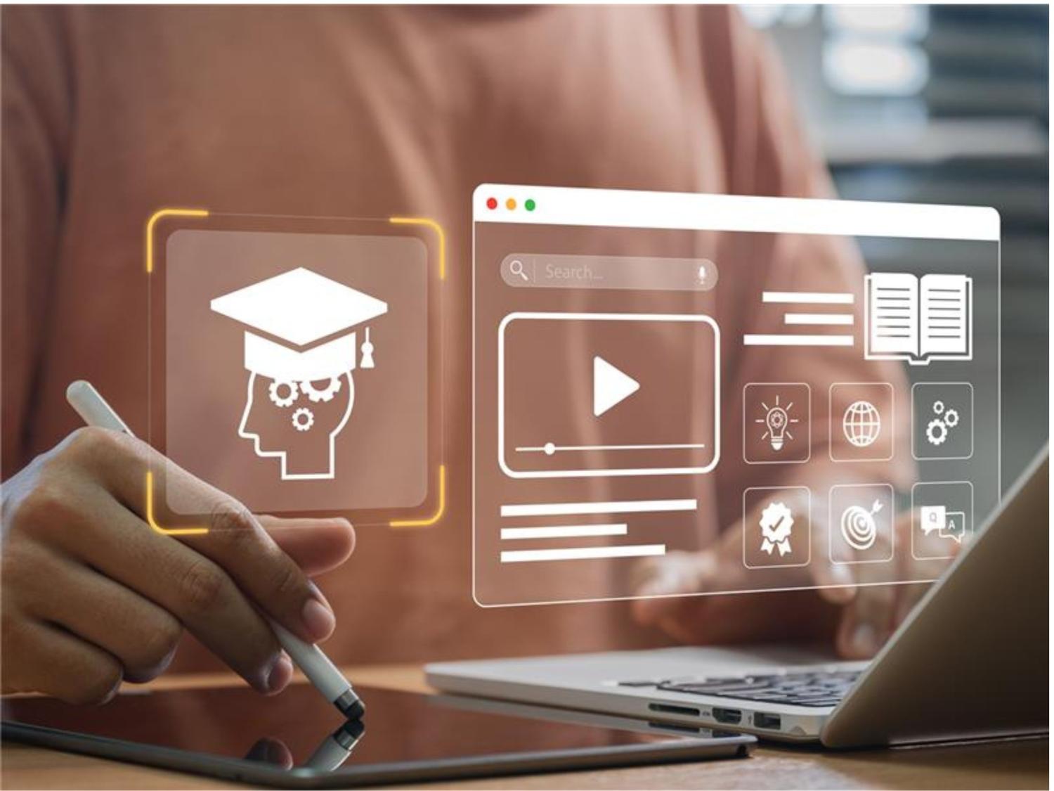 person using laptop with virtual e-learning overlay