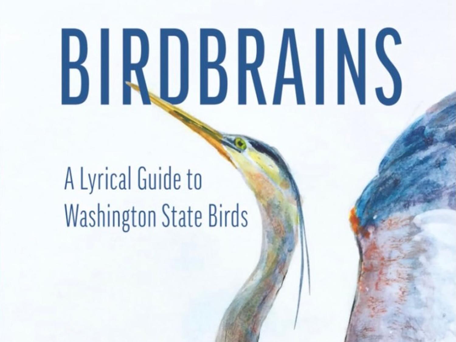Book cover for Birdbrains: A Lyrical Guide to Washington State Birds featuring a watercolor heron with wings outstretched.