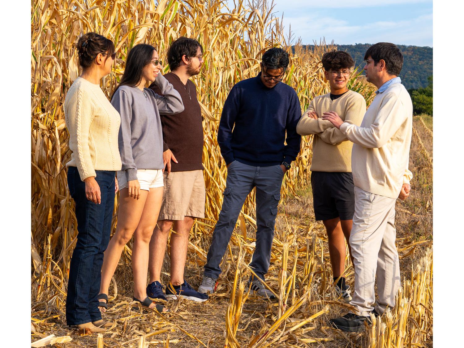 Six people wearing sweaters stand in a field. 