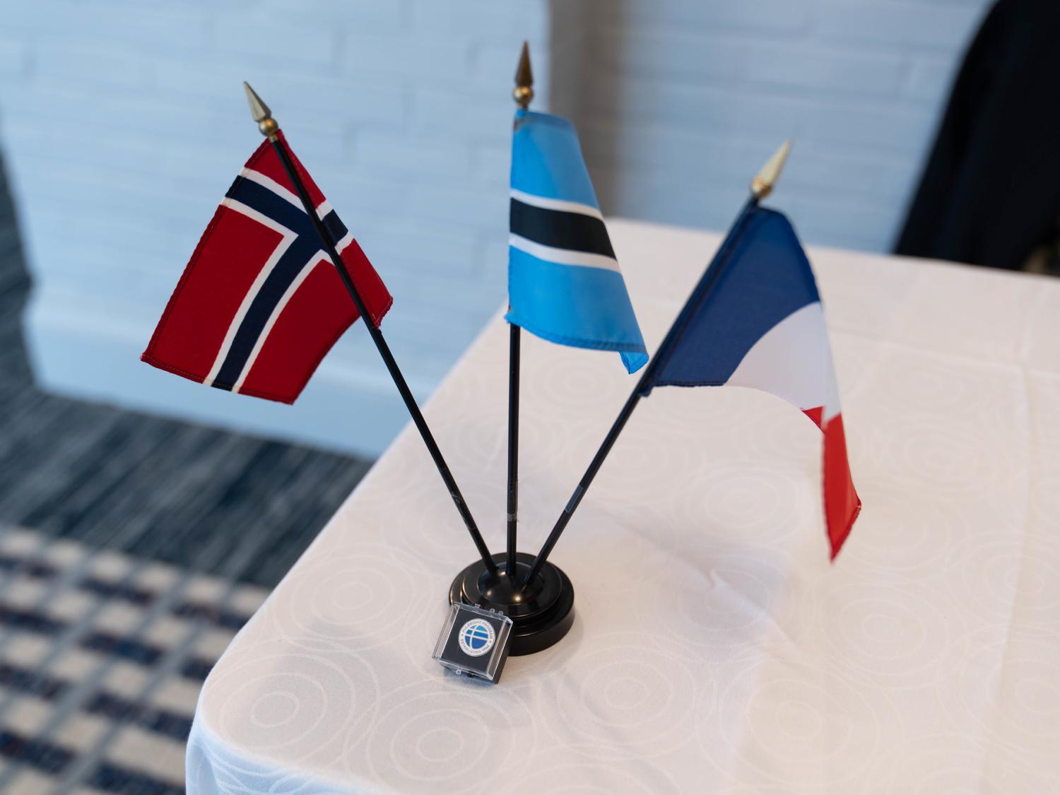 Three small flags from different countries sit on a tabletop with a Fulbright pin
