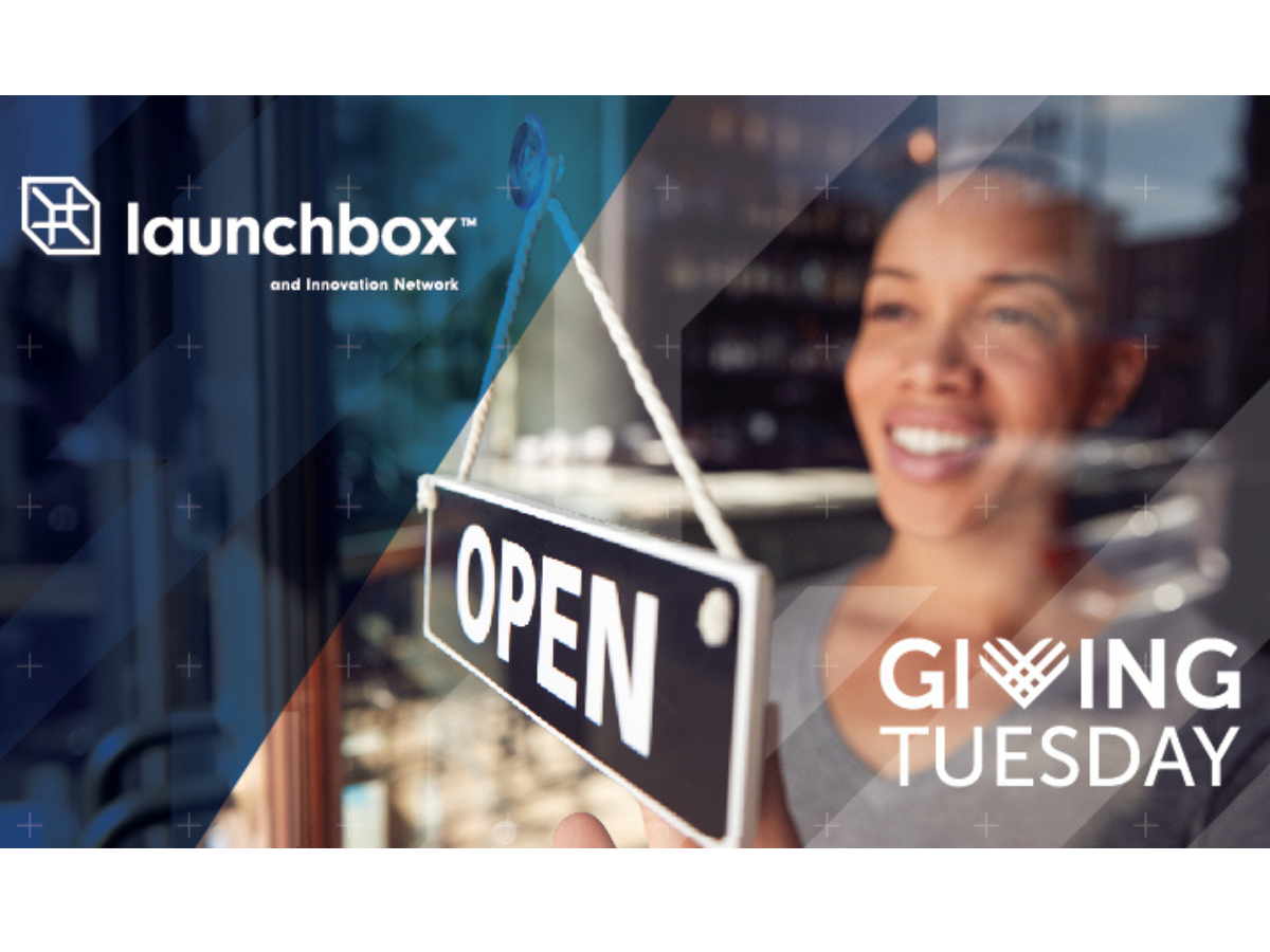 A person flipping a sign hanging from a door to say 'open' wit the LaunchBox and Innovation Network in the upper lefthand corner and the GivingTuesday logo in the bottom righthand corner