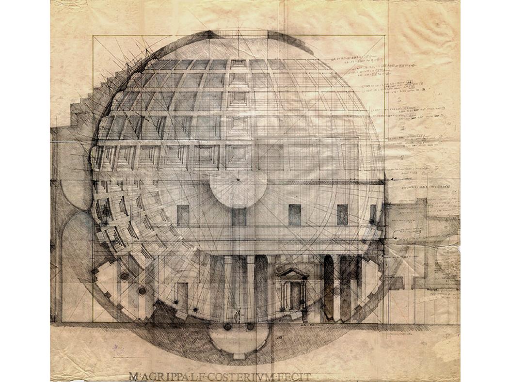 Architectural drawing of the Pantheon in Rome, showing a precise geometric analysis of its dome and portico. The sketch includes intersecting lines, circles, and grids illustrating proportions and symmetry. The central dome is rendered with detailed coffering, and the lower section depicts the entrance with columns and pediment.