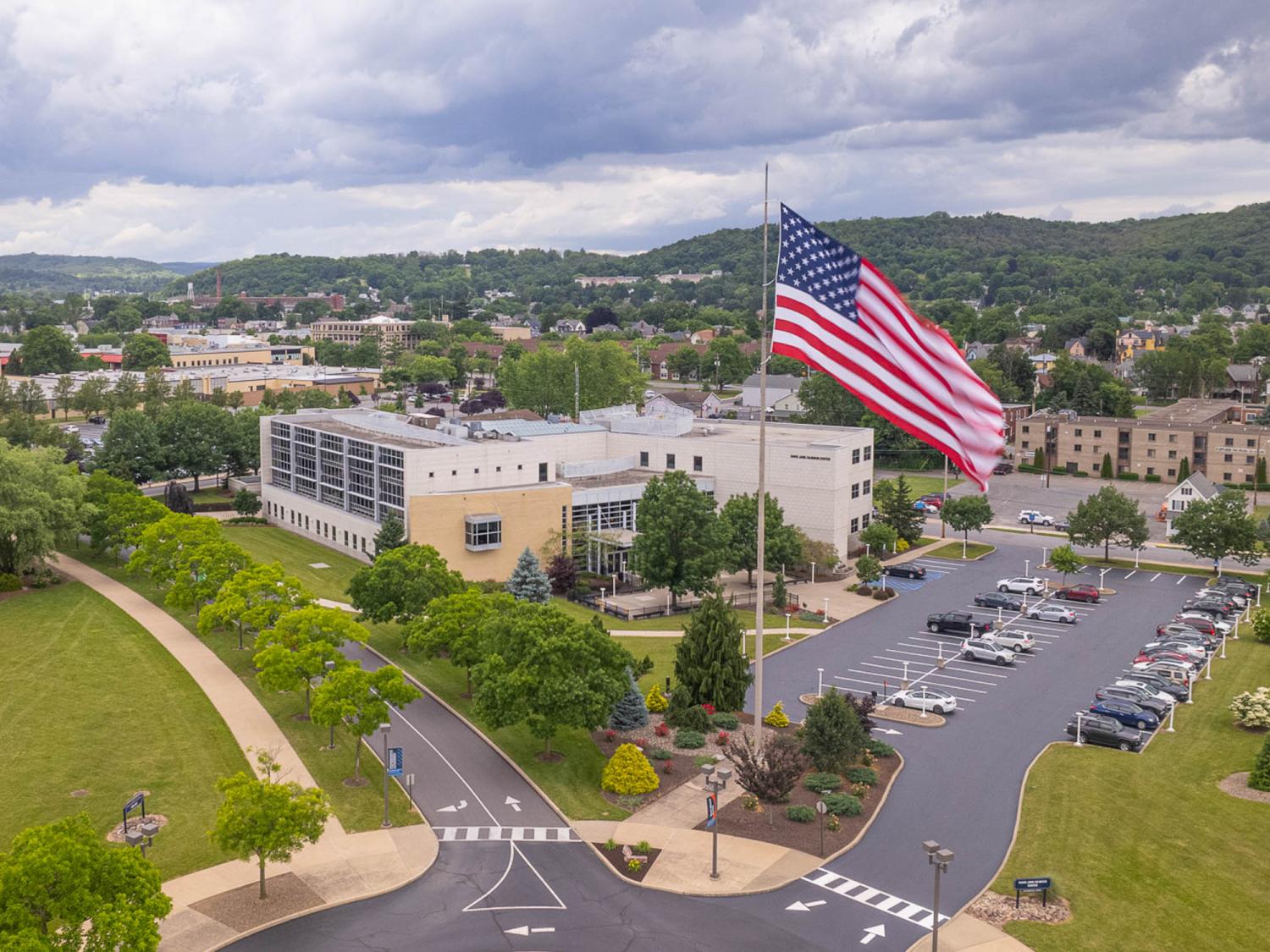 Penn College campus aerial view with US flag
