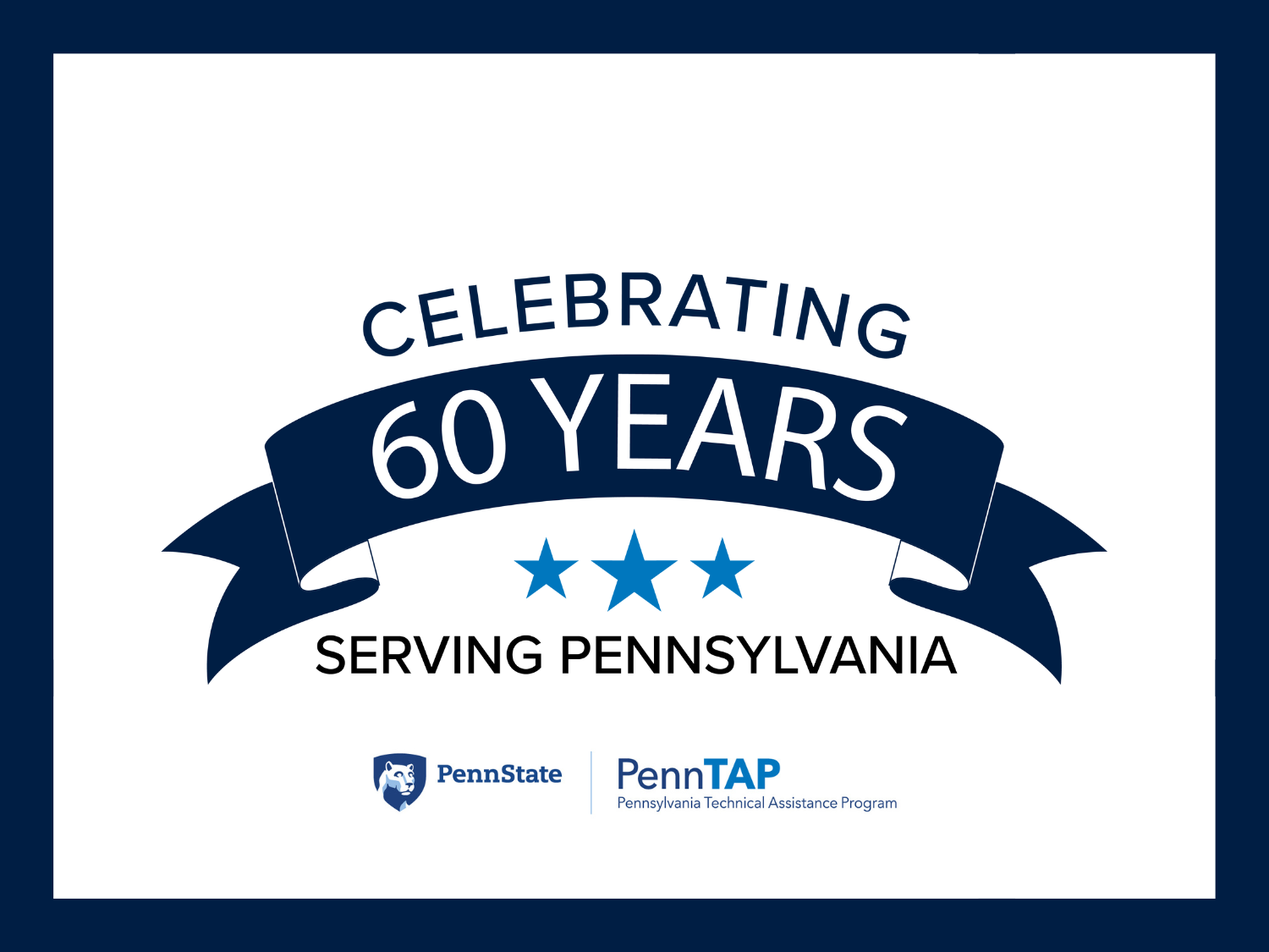 An image with a white box and navy blue border with the text "Celebrating 60 years serving Pennsylvania," with three light blue stars and the Penn State and PennTAP (Pennsylvania Technical Assistance Program) logos.
