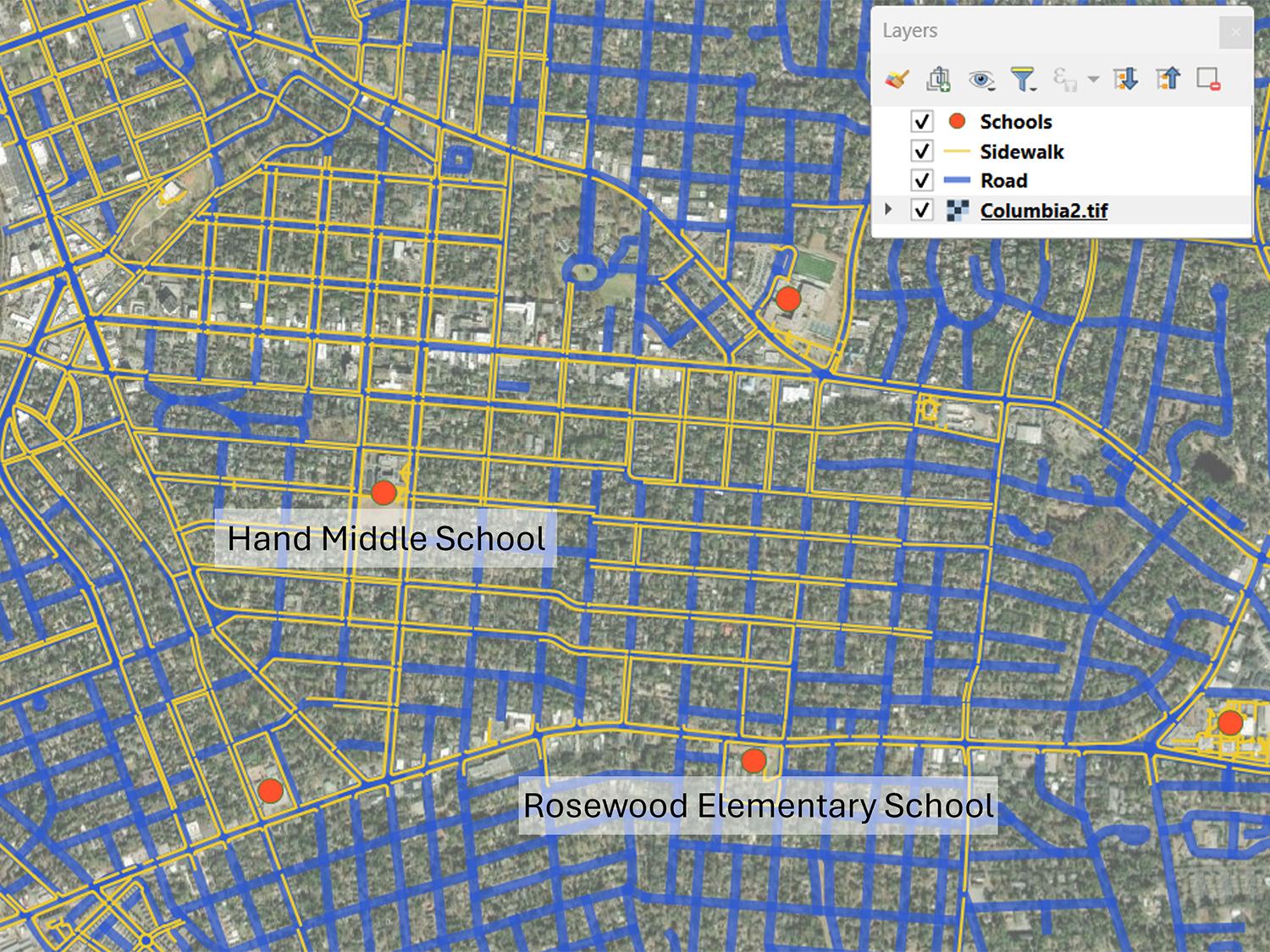 A screenshot of a geographic information system application showing streets and schools. 