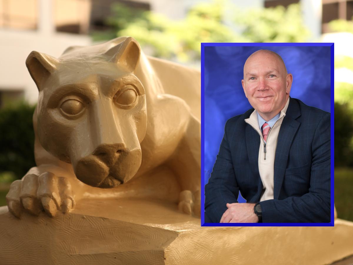 A photo of Dennis Sutterfield wearing professional attire is placed over an image of the Penn State Nittany Lion statue.