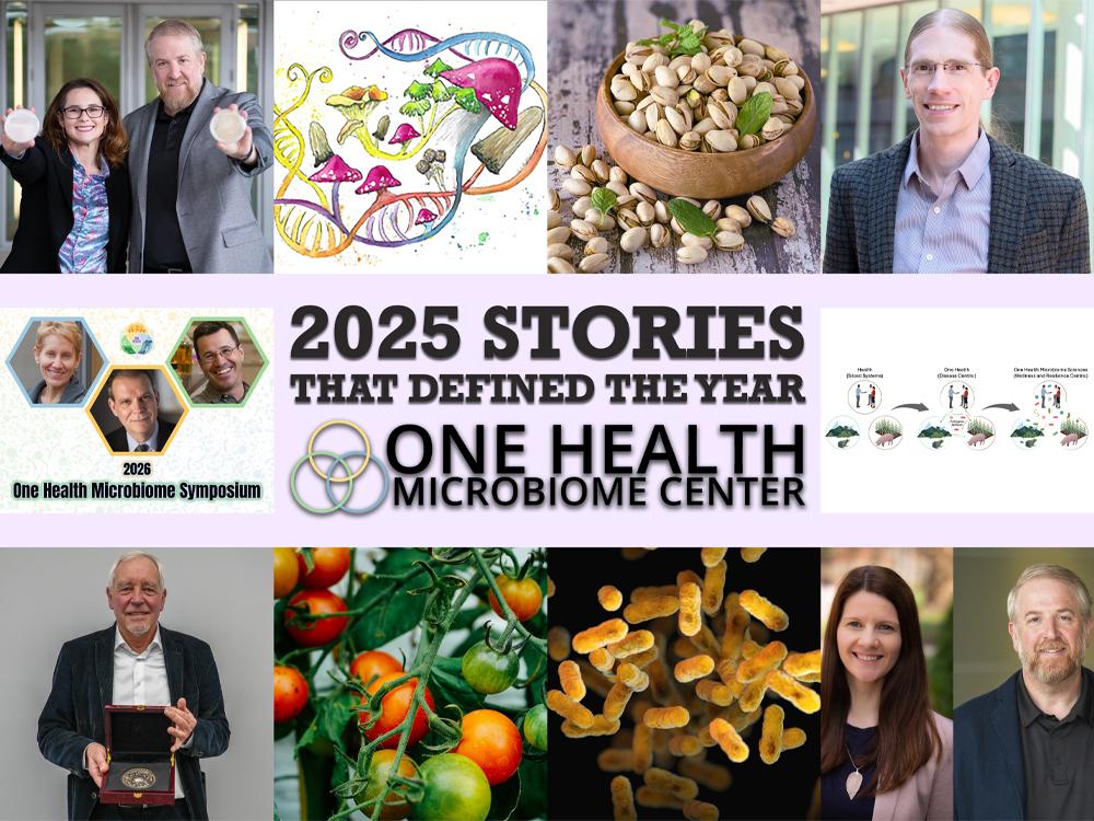 Header images from the top 10 stories from 2025 for the OHMC. A collage of image with the text "2025 stories that defined the year - One Health Microbiome Center."