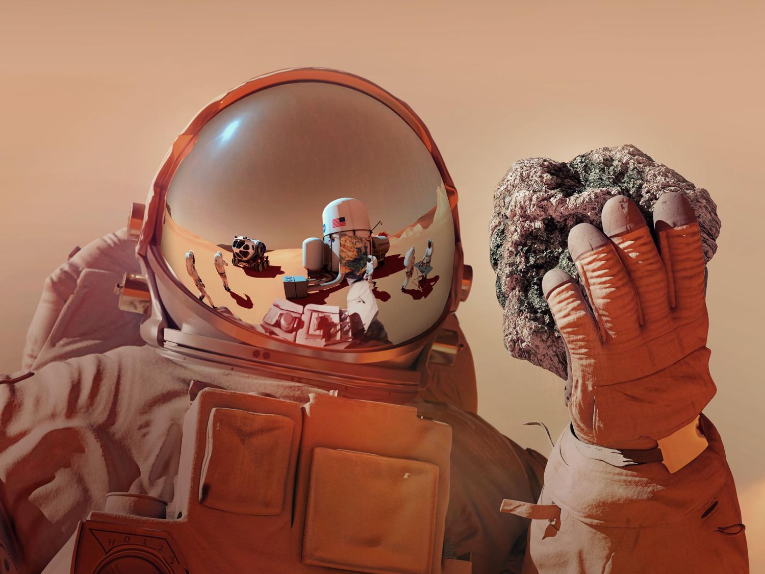 An illustration of a person in a space suit holding a rock on Mars