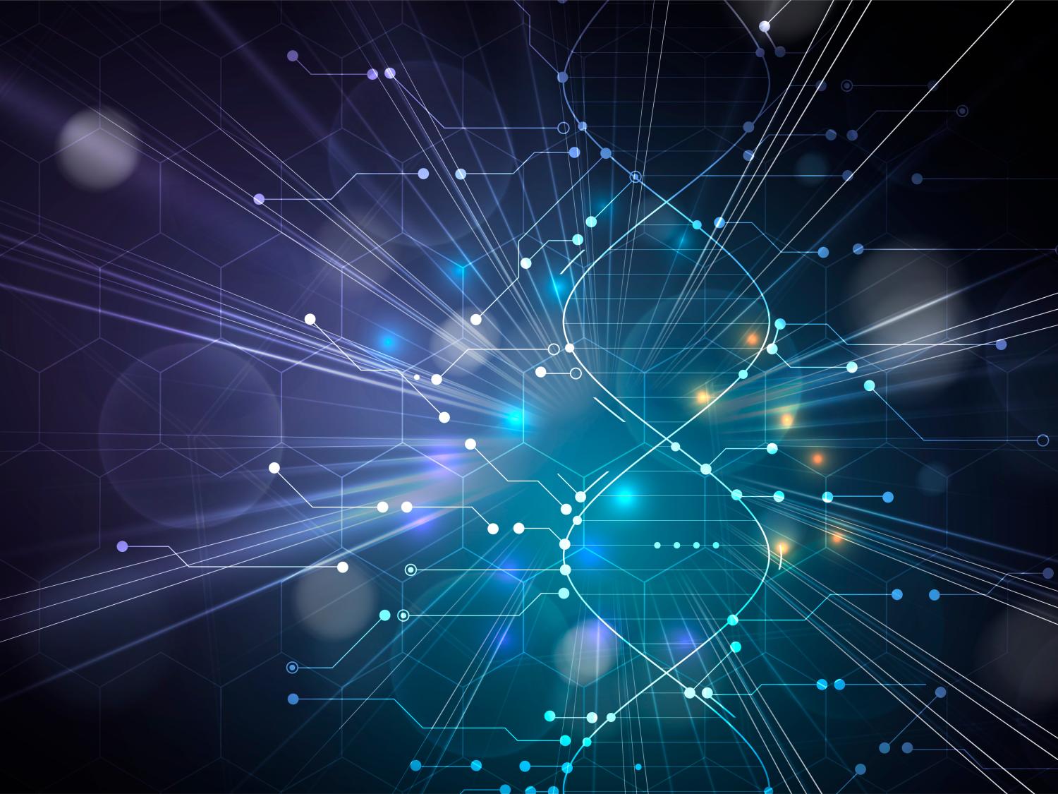 Abstract DNA and data science lines appear in blue.