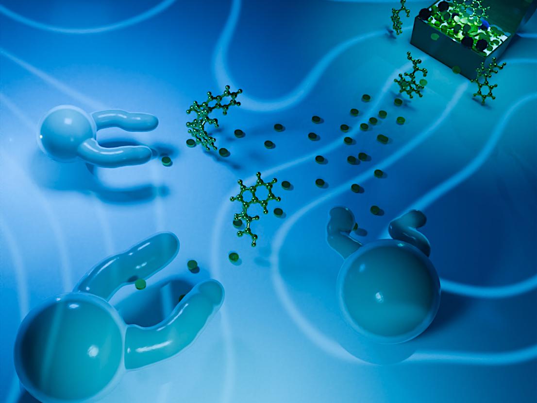 Illustration showing oil droplets reaching out arms toward treasure chest with amino acids diffusing toward the droplets