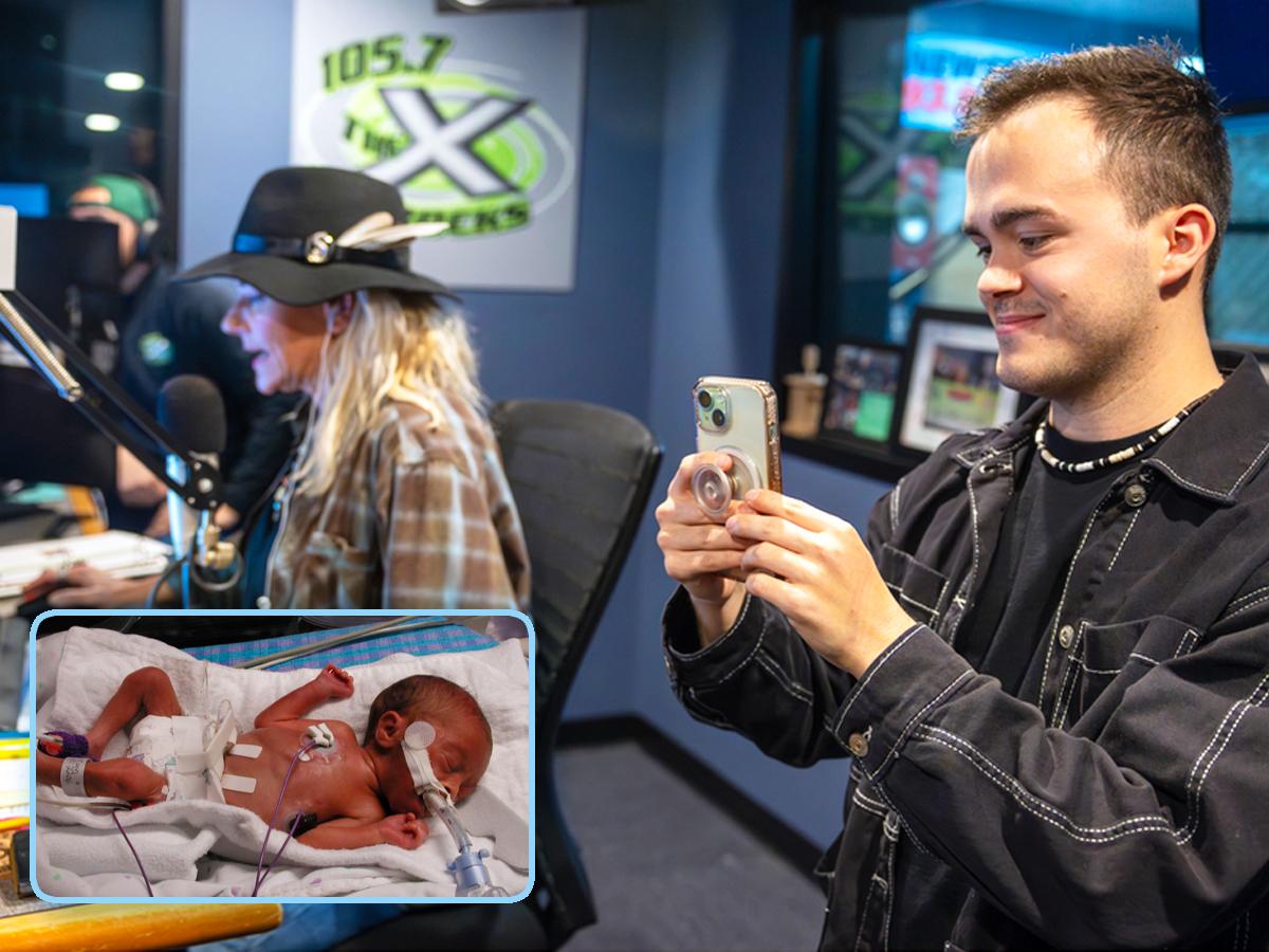 Side-by-side images show Sam Erikson as a premature infant receiving care in the NICU at Penn State Health Golisano Children’s Hospital and, years later, as an adult recording a video on his phone during the People’s Pay 4 Play event at a radio station studio.