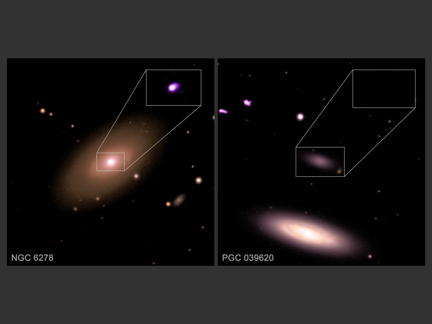 images of two galaxies in optical light with inset x-rays