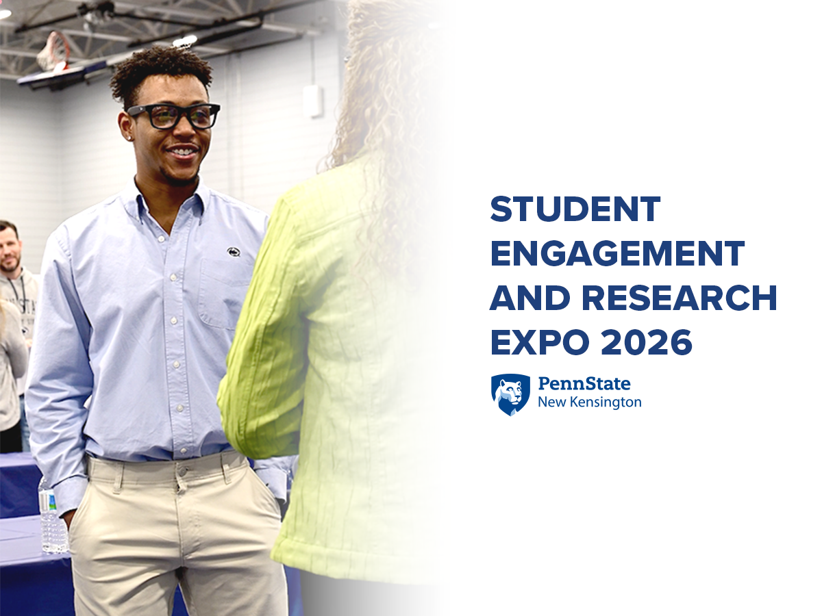 A student researcher talking to a faculty member. Superimposed onto the image are the words "Student Engagement and Research Expo 2026," followed by the Penn State New Kensington logo.