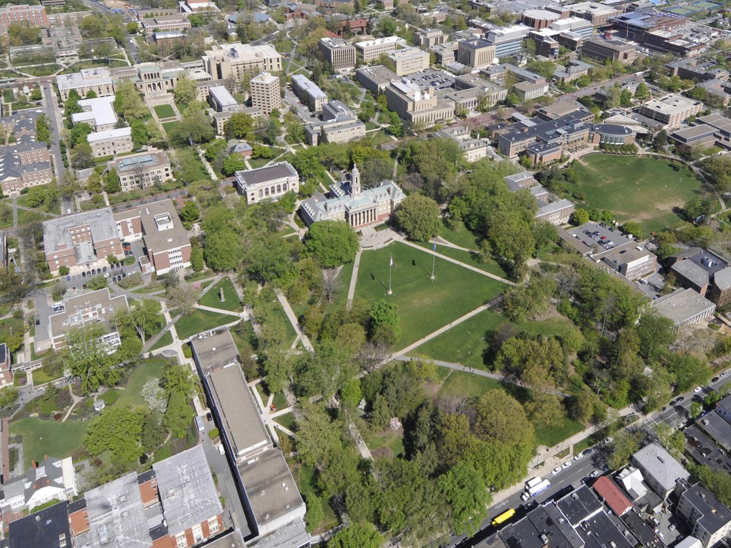 Aerial view of the Penn State University Park campus with Old Main most prominently shown