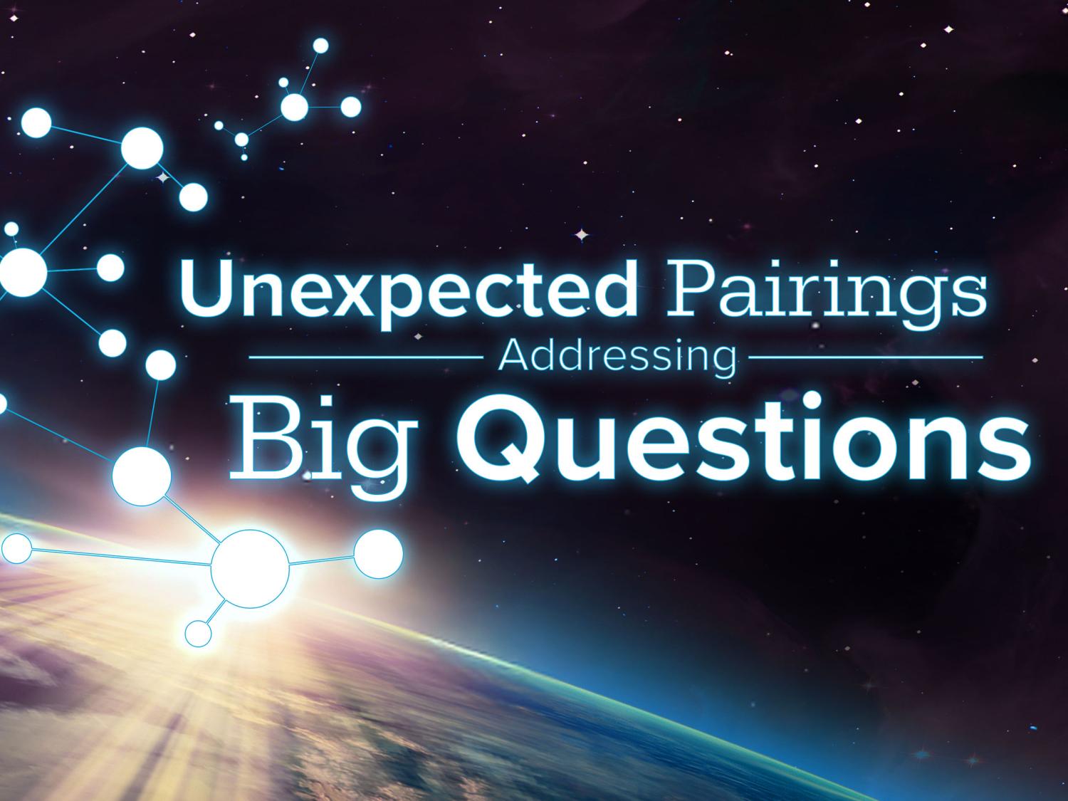 Illustration of bright light on planet horizon with words "Unexpected pairing addressing big questions"