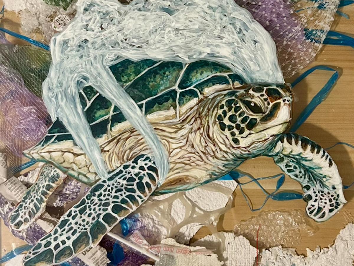 Mixed-media artwork of a sea turtle entangled in plastic bags and debris, highlighting ocean pollution and harm to marine life.