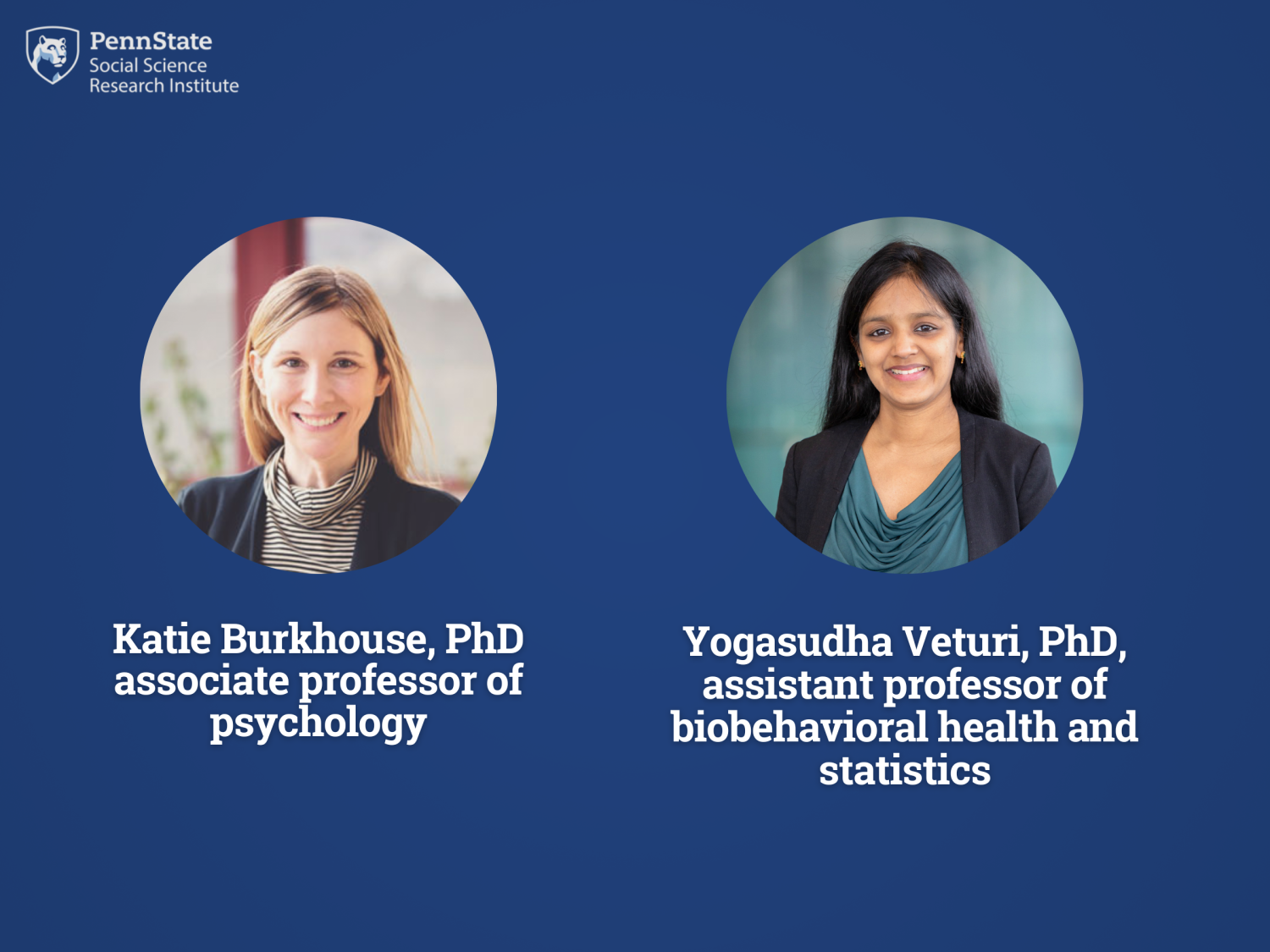 Blue graphic with names of the Keesler Graham Early Career Professorship awardees: Katie Burkhouse and Yogasudha Veturi