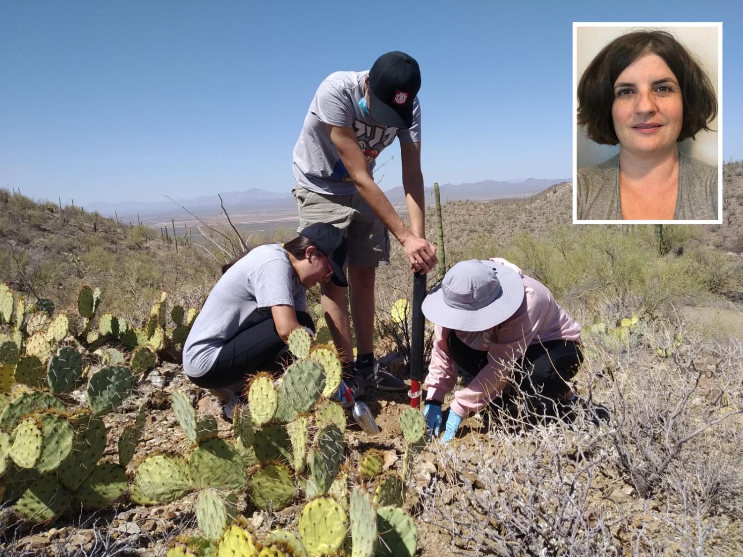 Photo of three people digging in the desert with a portrait of a person superimposed in the top right corner