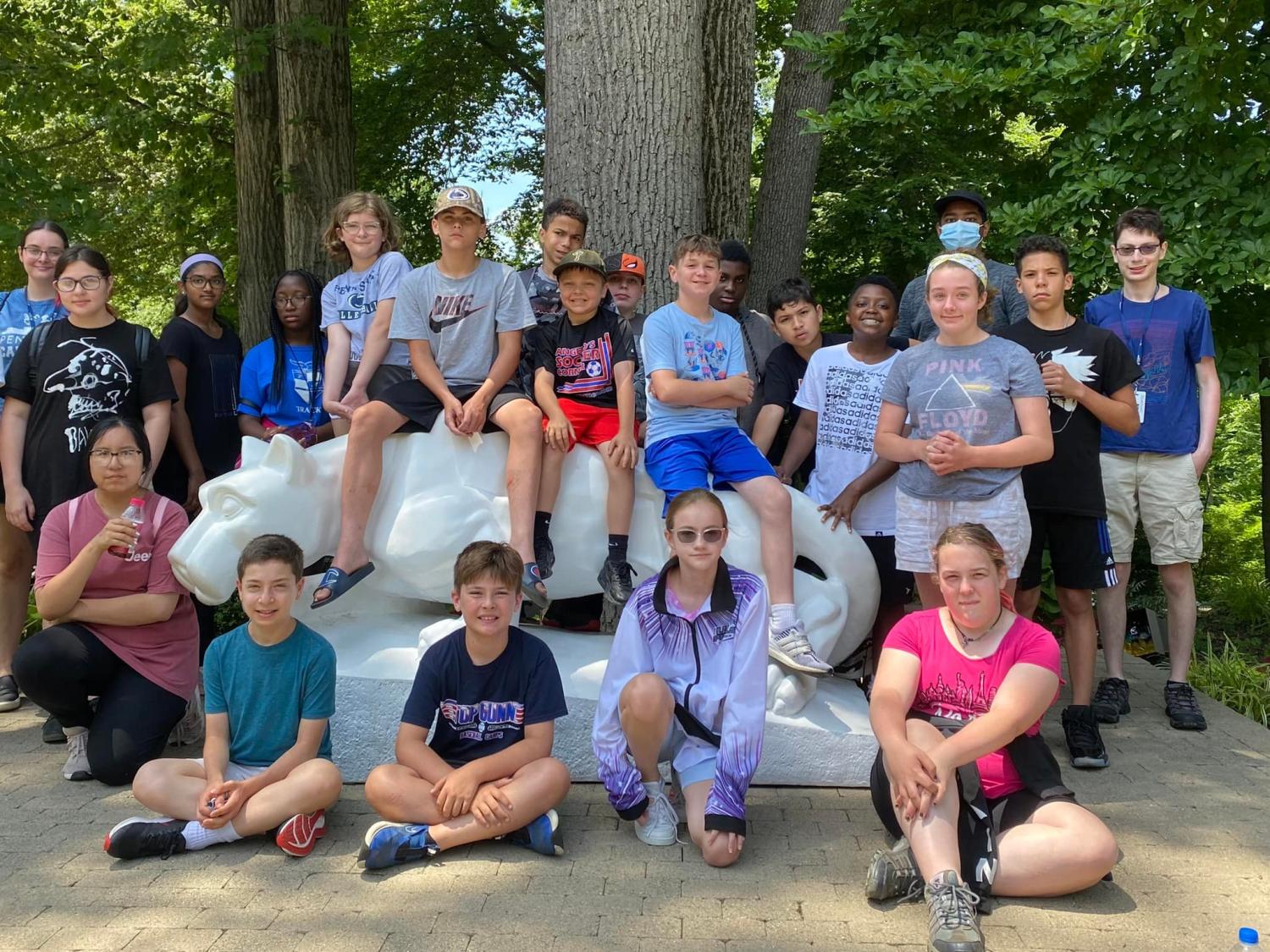 kids sitting on the Penn State Nittany lion statue