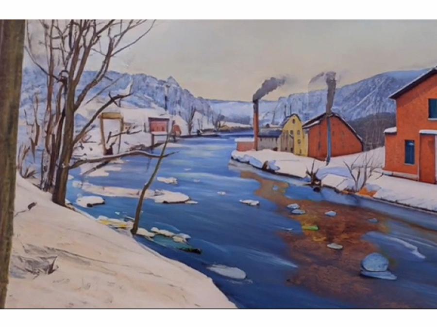 An ai-generated image of a small, snow-covered village along a river in winter