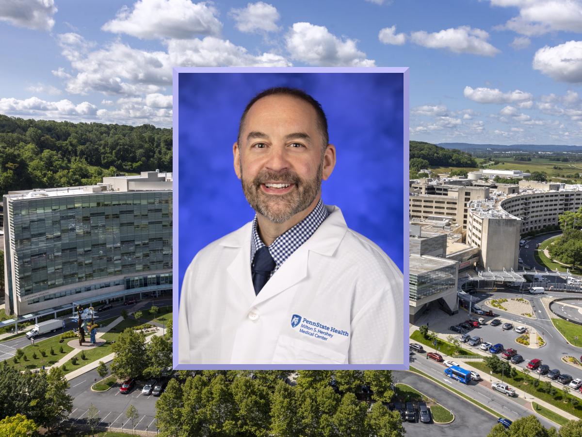 A professional photo of Donald Bucher wearing a clinical coat, superimposed over a photo of the Milton S. Hershey Medical Center campus.