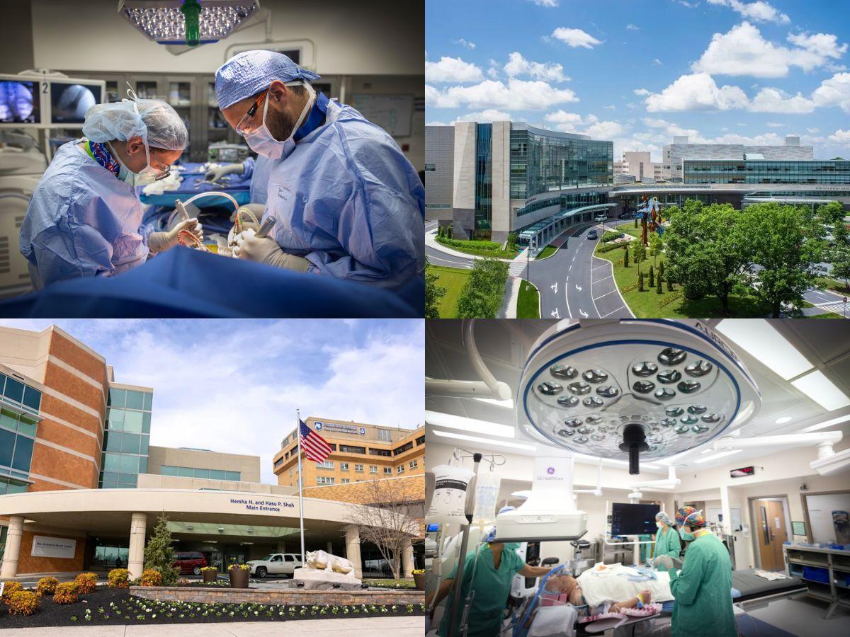 Four-image collage showing hospital care and facilities: top left, surgeons in masks and surgical gowns performing a procedure in an operating room; top right, an aerial view of Penn State Health Milton S. Hershey Medical Center with glass buildings and landscaped grounds; bottom left, the main entrance of Penn State Health Holy Spirit Medical Center with an American flag in front; bottom right, clinicians working around a patient in a brightly lit operating room with advanced surgical equipment.