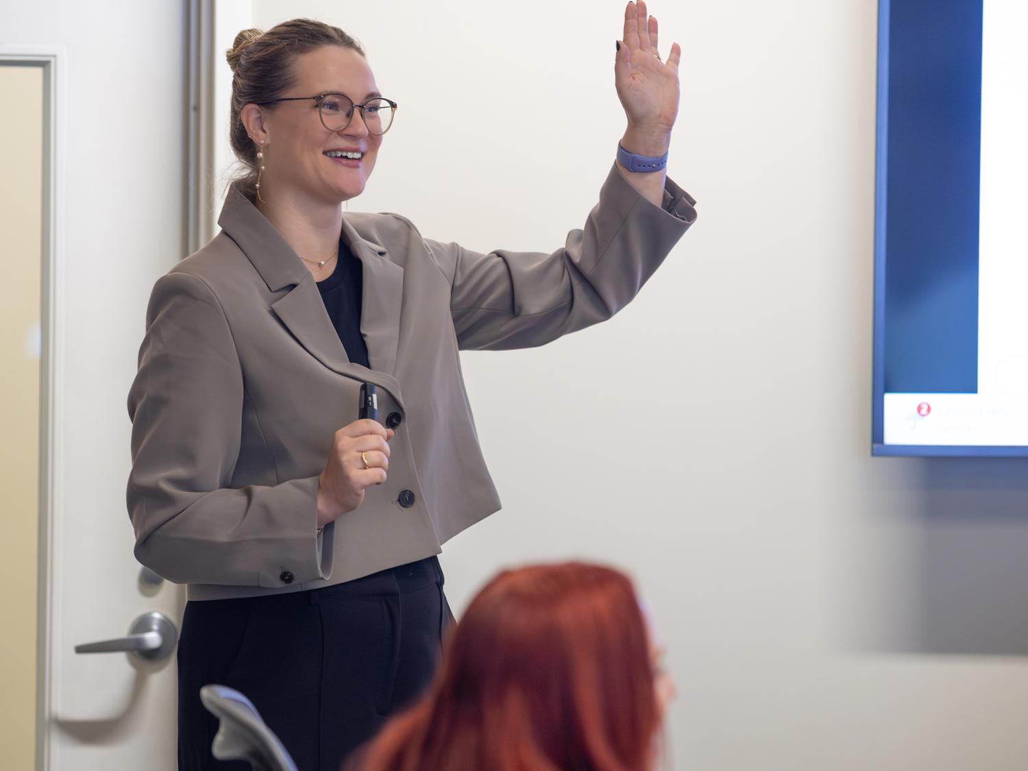 SIA alumna Kayla King-Majstorović speaks to students, faculty, and staff in the Lewis Katz Building during a visit to campus in October 2025.